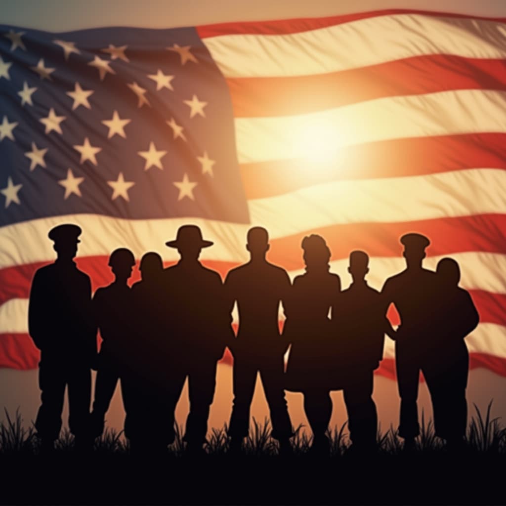 Silhouettes of service members in front of an American flag